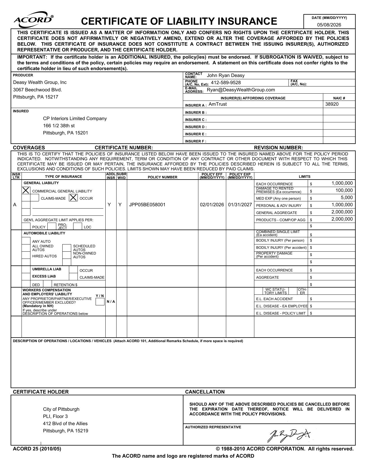 ACORD Certificate of Liability Insurance for CP Interiors Limited Company, issued by AmTrust — policy JPP05BE058001, effective February 2026 through January 2027