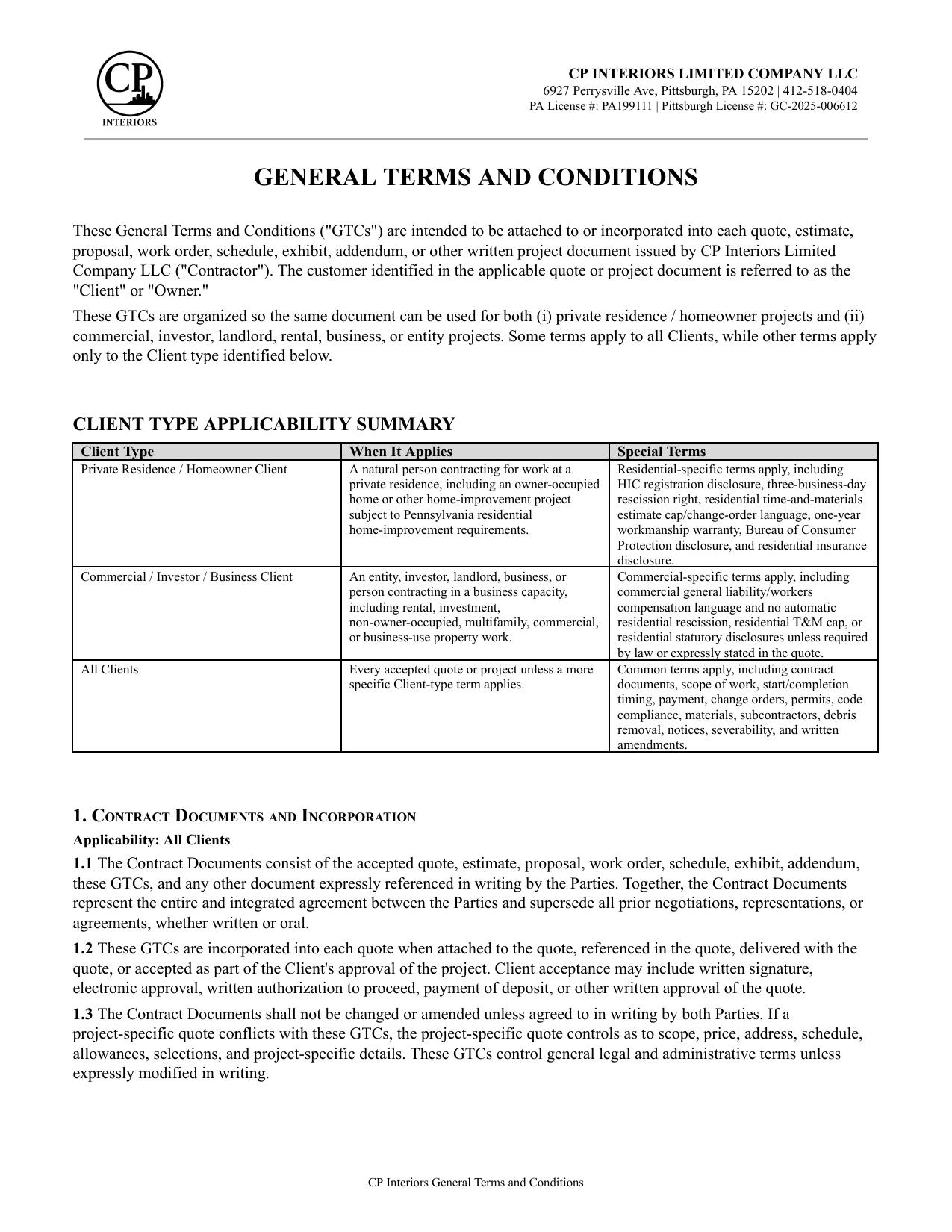 First page of the CP Interiors General Terms and Conditions — PA License PA199111, Pittsburgh License GC-2025-006612