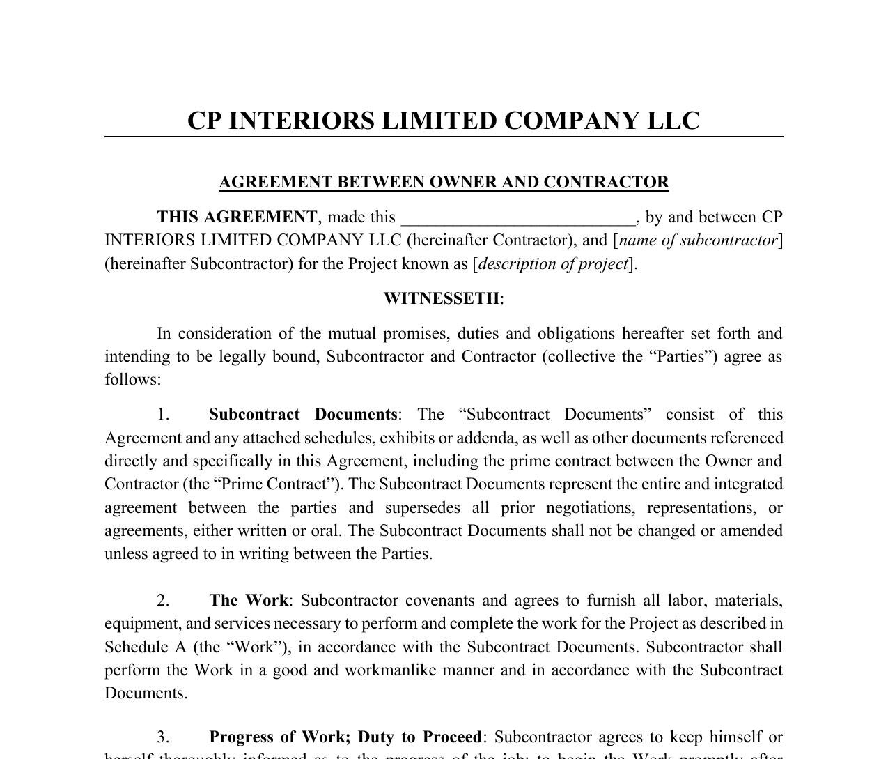 First page of the CP Interiors Limited Company LLC Subcontractor Agreement — Agreement Between Owner and Contractor