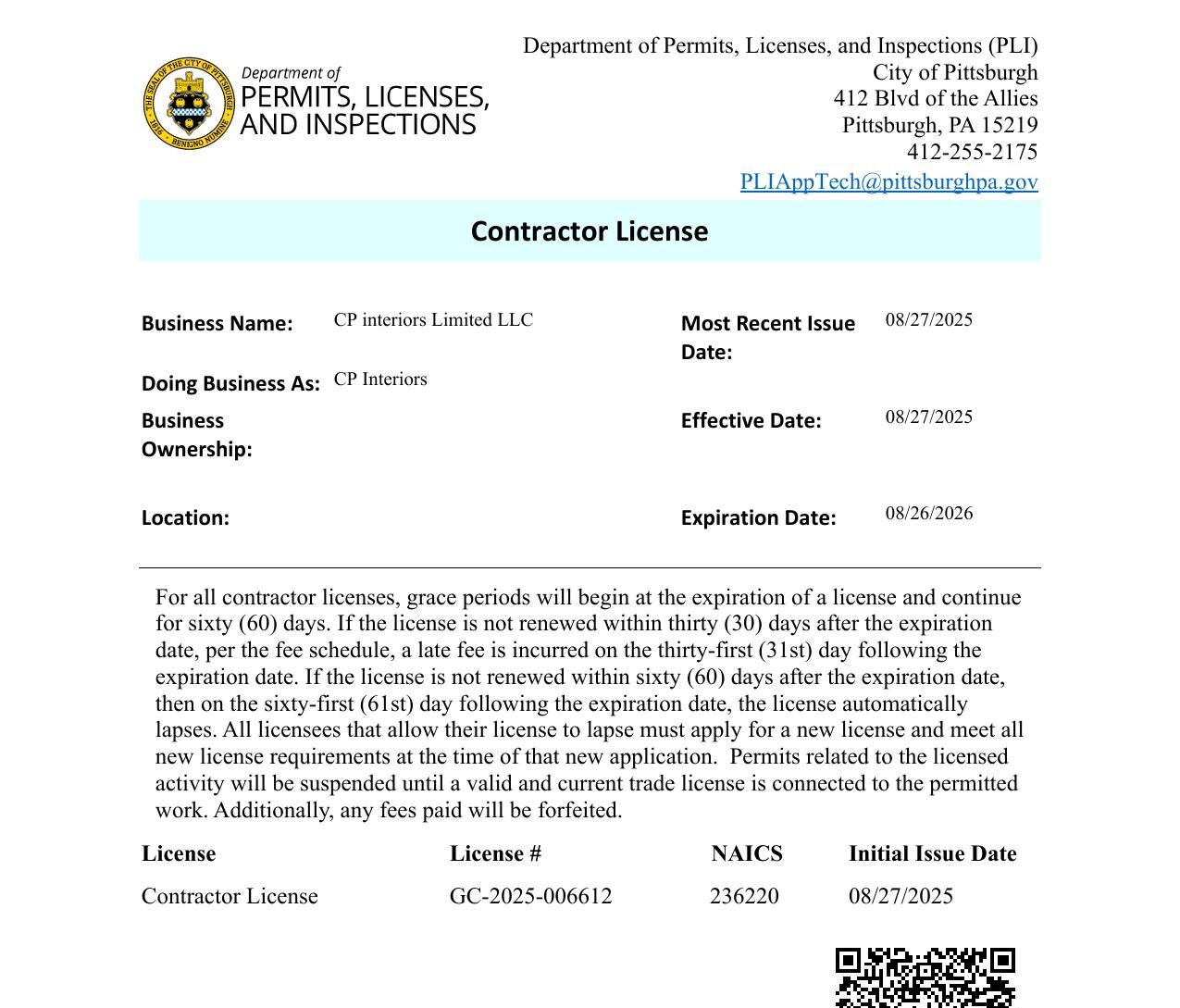 City of Pittsburgh Department of Permits, Licenses, and Inspections — Contractor License for CP Interiors Limited LLC, License GC-2025-006612
