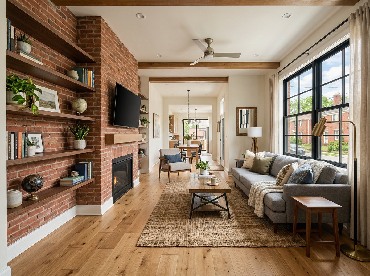 Renovated living room with exposed brick fireplace and open shelving