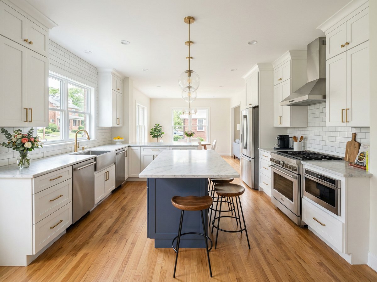 Renovated kitchen with marble island and white cabinetry