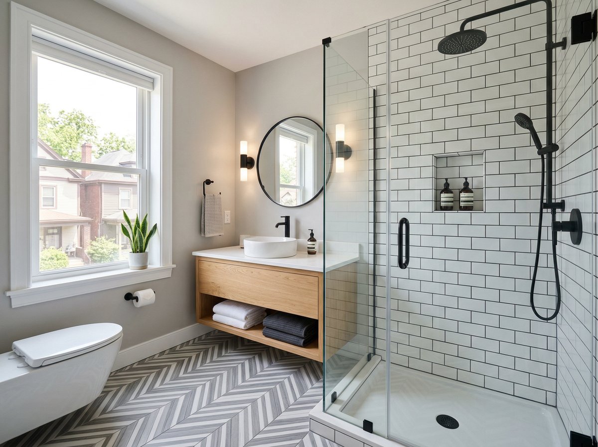 Modern bathroom with subway tile shower and floating vanity