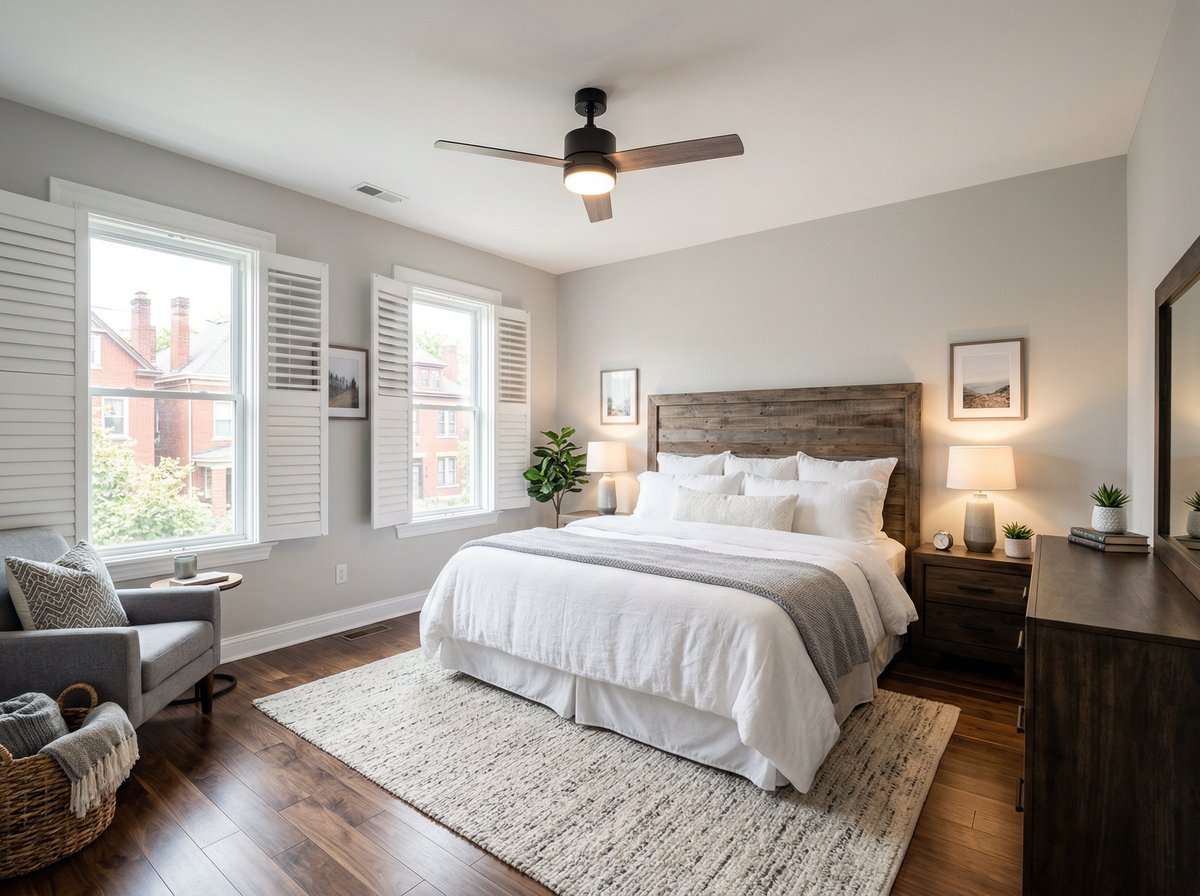 Renovated master bedroom with reclaimed wood headboard