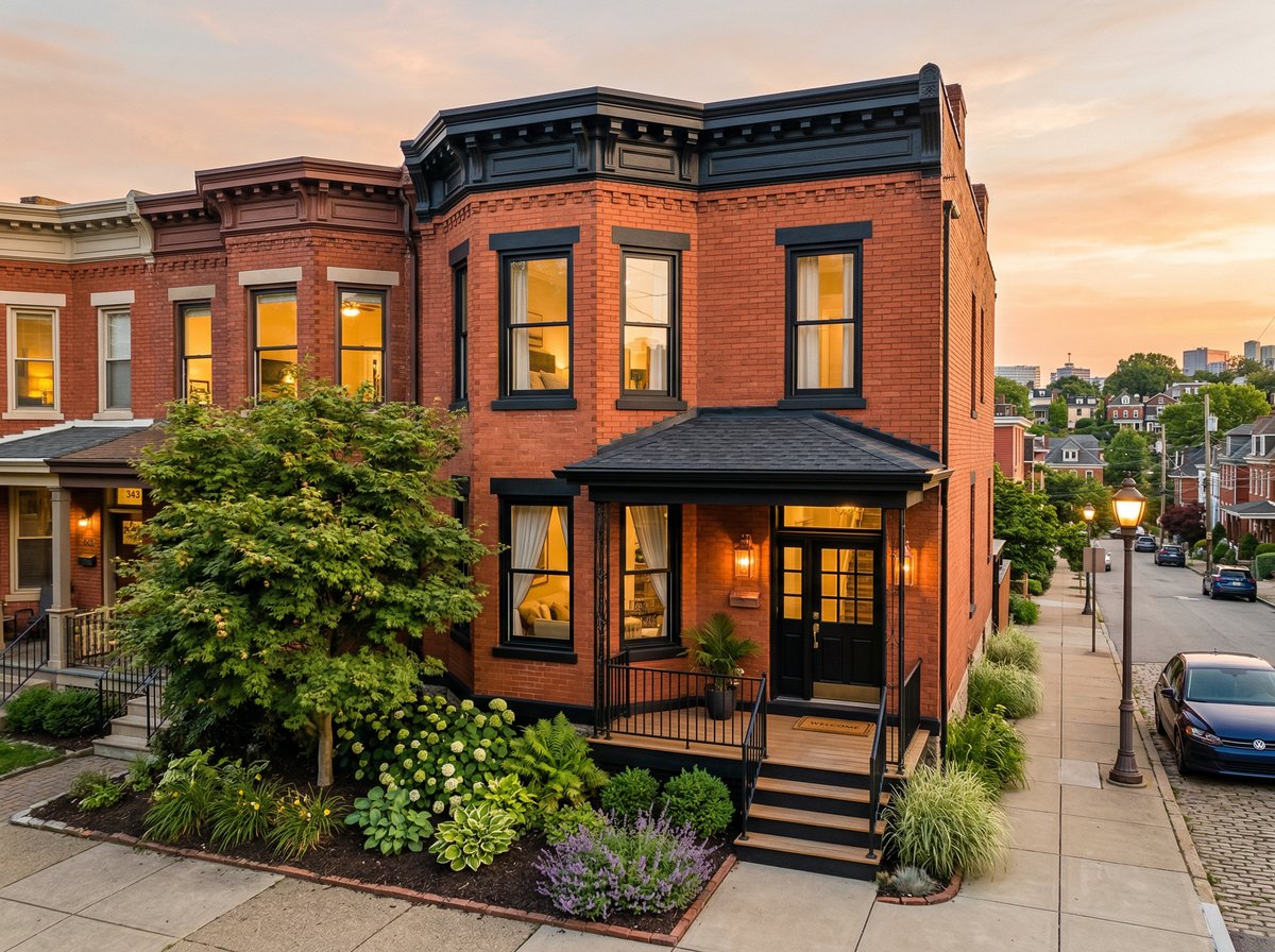 Renovated Pittsburgh rowhome exterior at golden hour